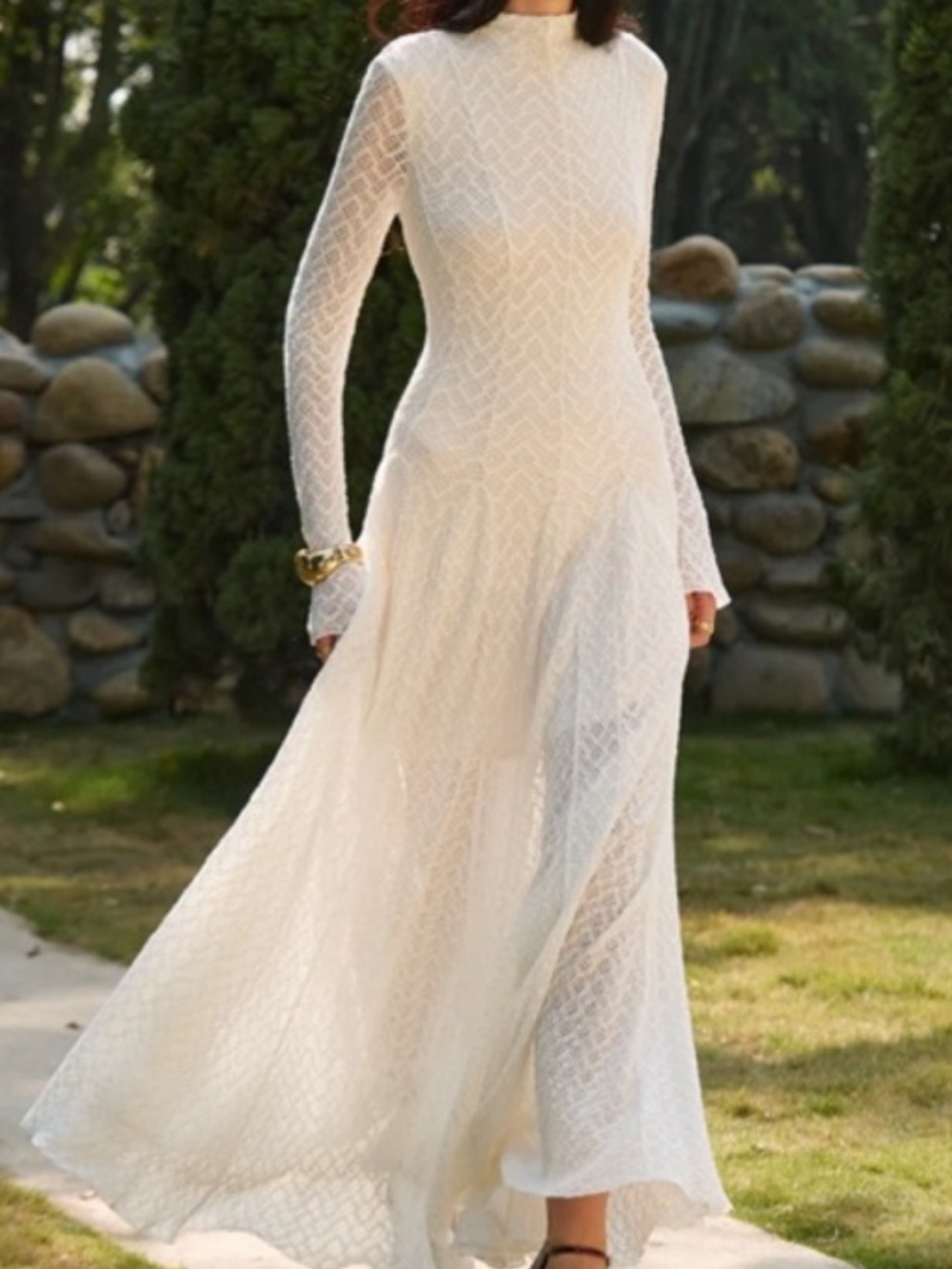 Semi Sheer Mock Neck Lace Flowy Long Dress - L - NWT